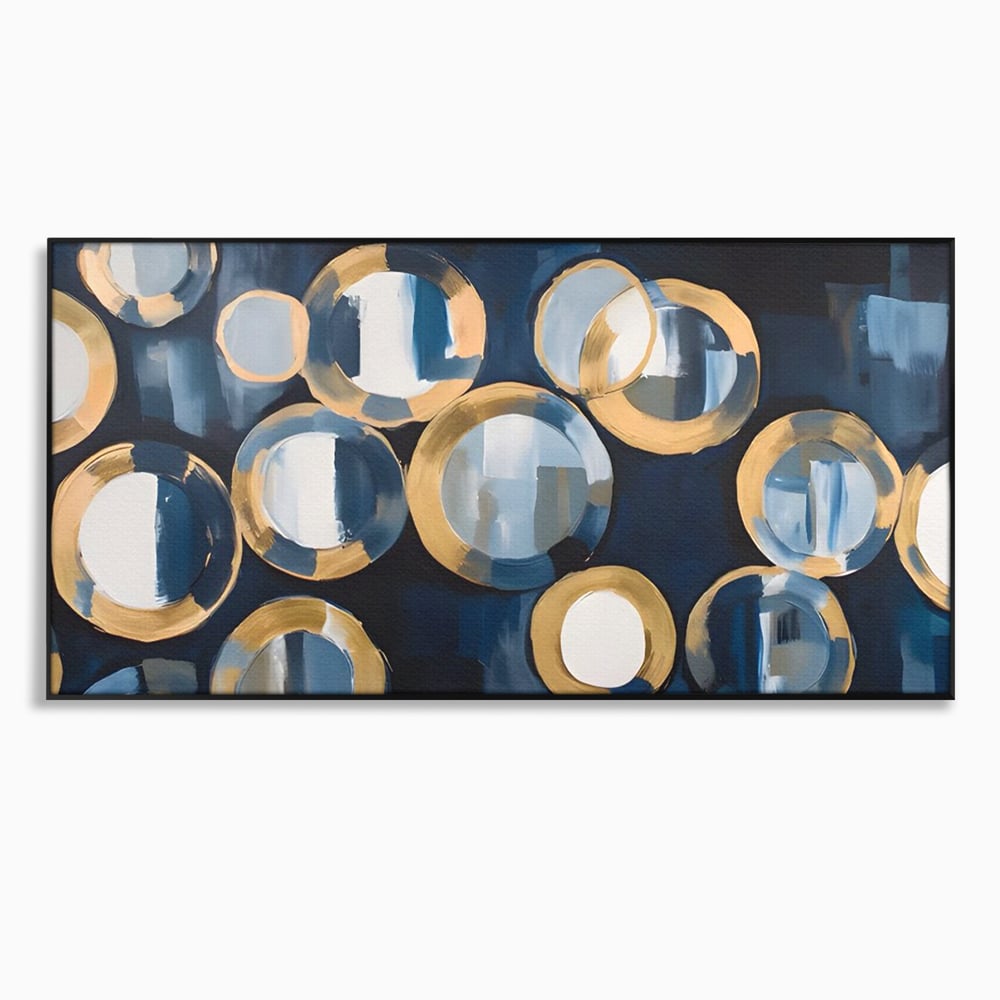 Tablou canvas cu pictura abstracta cu cercuri albastre si aurii, in rama de aluminiu negru